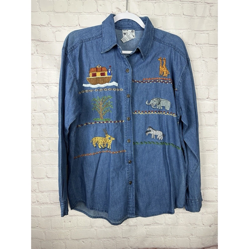 Vintage 90s Denim Shirt WOMENS Noah's Ark Embroidered Animals button up‎ sz M